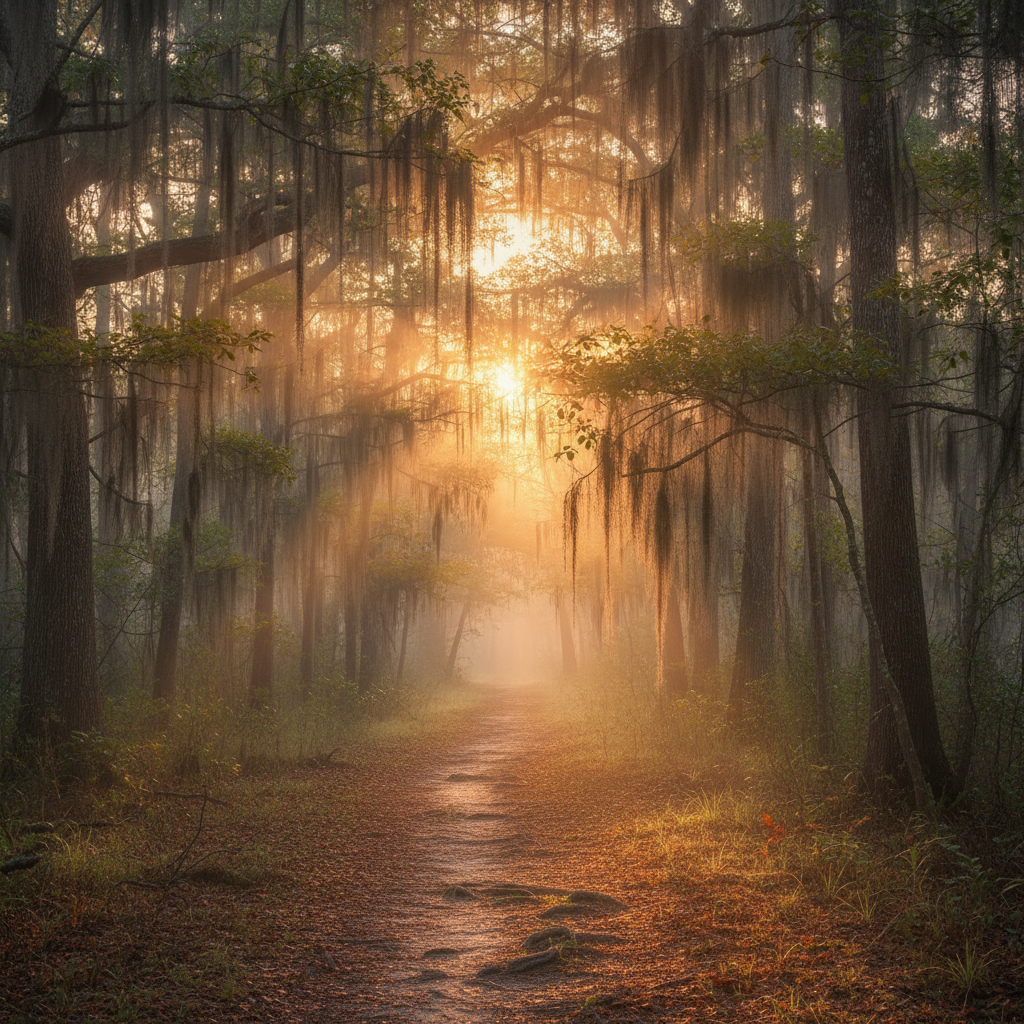 Misty Louisiana trail at sunrise with Spanish moss